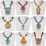 Big Charms Drop Bronze Tassel Fringe Wood Beaded Enamel Collar Necklace Pendant