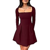 YMDUCH Women's Sexy Long Sleeve Square Neck Adjustable Straps Bow Tie A-line Mini Party Club Dress