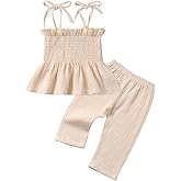 Cemion Toddler Infant Girls Clothes Solid Color Sleeveless Ruffle Halter Tops Camisole Linen Pants Set Baby Summer Outfits