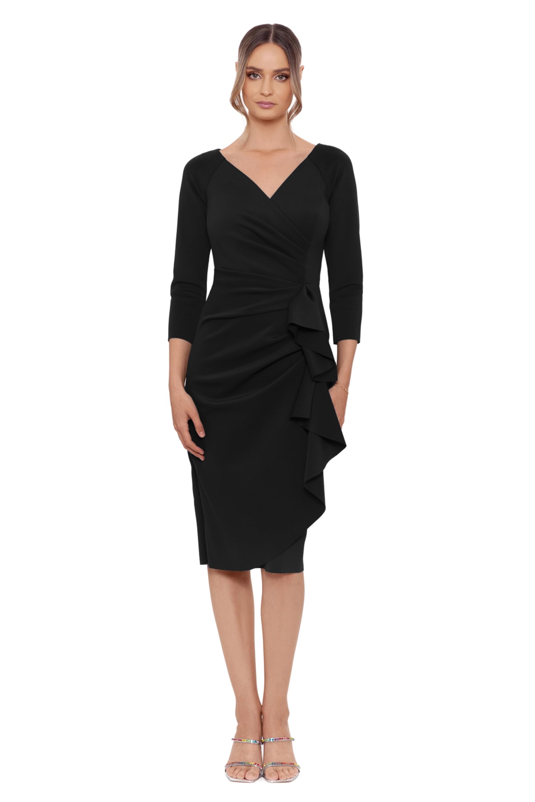 Photo 1 of Xscape Women's 3/4 Sleeve V-Neck Side Ruched Midi Dress (Reg and Petite) Black 12P