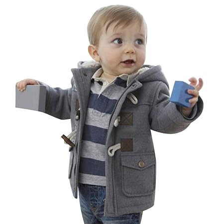 Mantel mit Kapuze für kinder Baby Jungen Horn-Tasten Lang Dufflecoat Winter Baumwolle Warm Outerwear Jacke Grau / 80