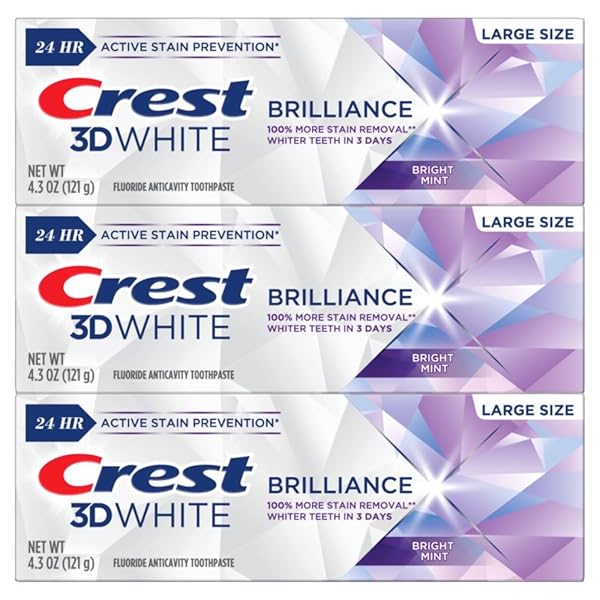 CREST 3D WHITE BRILLIANCE BRIGHT MINT TEETH WHITENING TOOTHPASTE, 4.3 OZ PACK OF 3, 100% MORE SURFACE STAIN REMOVAL, 24 HOUR ACTIVE STAIN PREVENTION, WHITER TEETH IN 3 DAYS