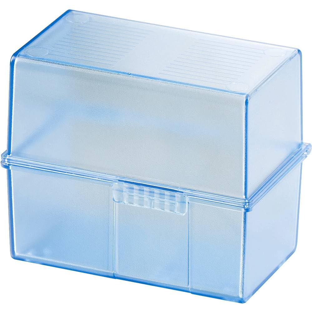 HAN 979-64, Card index box A8 landscape. Innovative, attractive design for 200 cards with steel hinge, supplied with 100 record cards and A-Z guide cards, translucent blue