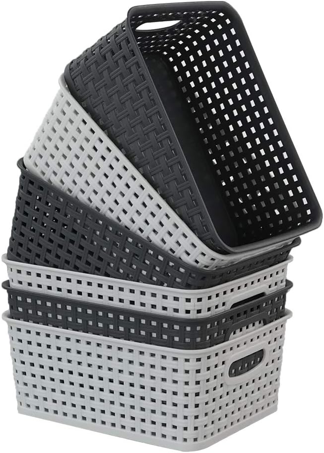 Tstorage Plastic White and Deep Grey Small Storage Baskets for Kitchen, Bathroom, Office, 6 Packs