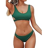 CUPSHE Women Swimsuit Bikini Set Two Piece Ribbed Texture Side Cutout Tank Top Mid Rise Bathing Suit