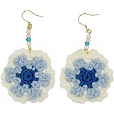 Azure Bloom Crochet Flower Earrings – Handmade Blue & White Floral Dangles, Lightweight Statement Earrings with 18K Gold-Plated Sterling Silver Hooks, Soft Winter Crochet Aesthetic, Gift for Women – KnitAra Handmade Magic