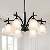 Q&S Modern Farmhouse Black Frosted Glass Chandelier Rustic Kitchen Light Fixtures 6 Lights for Dining Room Living Room Foyer 