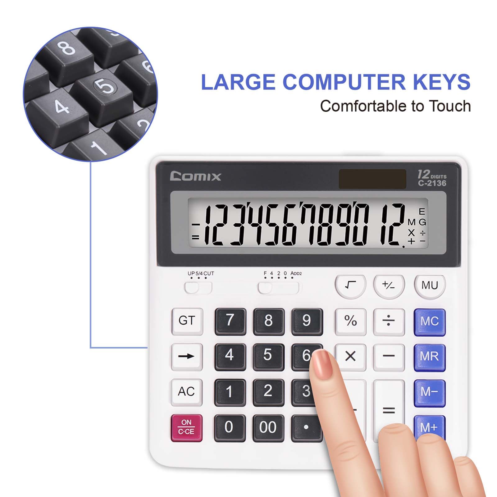 Comix Desk Calculator, 12-Digit Large LCD Display and Big Computer Keys, Solar Battery Dual Power, Desktop Calculator for Home Office School C-2136