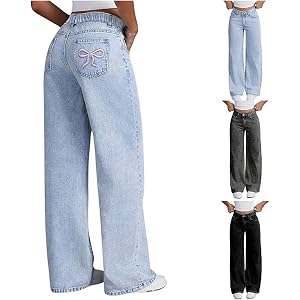 Baggy Jeans for Girls Kids Casual Cute Bow Embroidery Wide Leg Denim Pants | back to school clothes,Casual Streetwear,Teen Gi