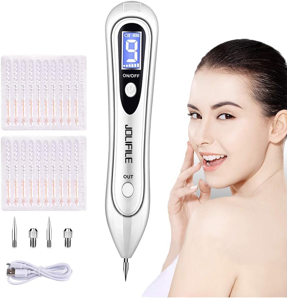 JOLIFILE Skin Tags Remover Mole Remover with 9 Strength Levels &LED Spotlight, Portable Rechargeable Skin Tag Removal Pen for Wart, Freckle, Nevus, Dark Spot and Small Tattoo