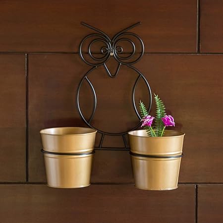 ExclusiveLane The Owl Buckets Metal Wall Planters Pot for Indoor Plants with Holder (Set of 2, Galvanized Iron) - Wall Mounted Planters with Stand Plant Containers Balcony Decoration Garden D