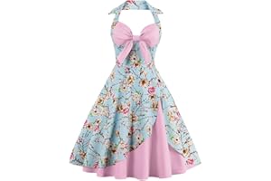 IWEMEK Women Vintage Polka Dot 1950s Rockabilly Halter Audrey Dress Retro Floral Evening Cocktail Swing Dress