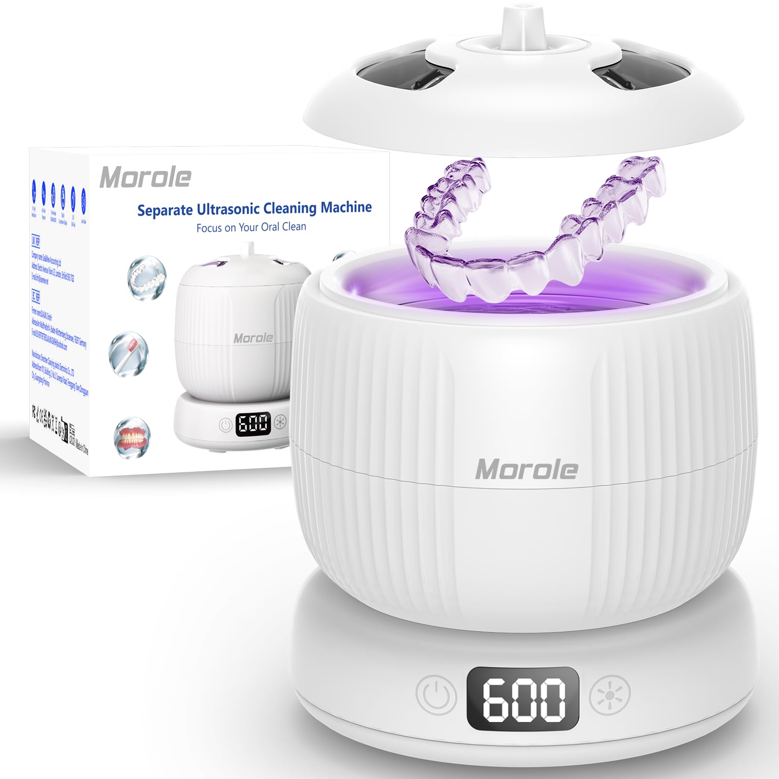 2025 Upgraded Ultrasonic Retainer Cleaner Machine,Separate Retainer Cleaner for Night Guards, Braces, Aligner, Jewelry, 4 Modes Denture Cleaner & Removable Base and Top Cover(White)