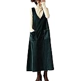 chouyatou Women's V-Neck Corduroy Overall Dress Jumper A-Line Midi Long Tank Pinafore Dress with Pockets