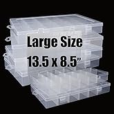 4Pack Large 24 Grids Plastic Organizer Box with Dividers - 24 Compartment Organizer, Clear Tackle Box Organizers and Craft Storage with Adjustable Removable Divider, Fishing Organizer Box for Art DIY