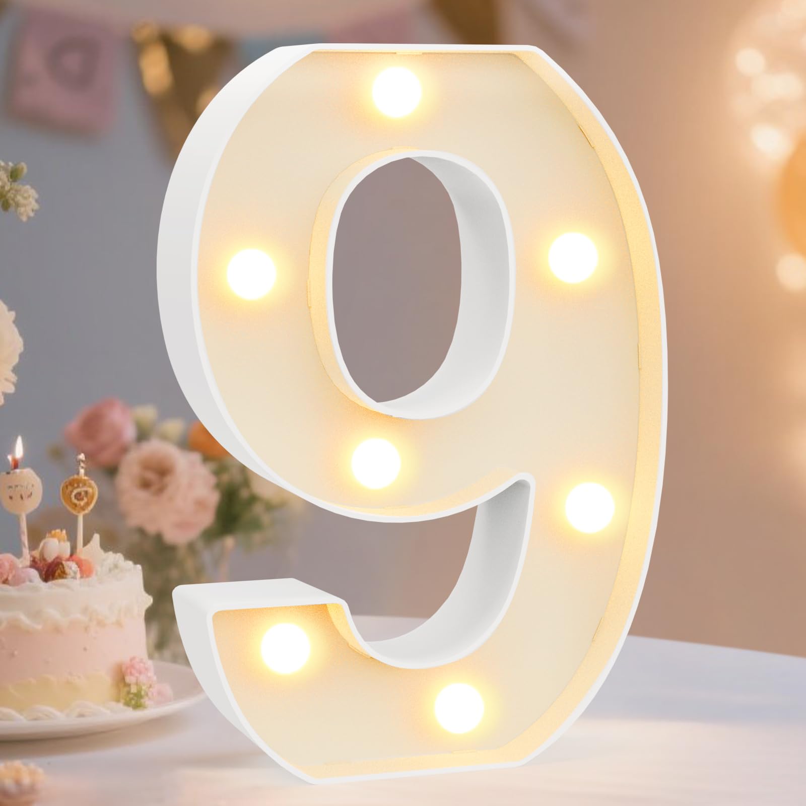 Photo 1 of Pooqla Decorative Led Light Up Number Letters, White Plastic Marquee Number Lights Sign Party Wedding Decor Battery Operated Number (9)