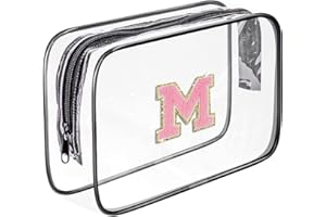 Fodofodo Clear Toiletry Bag,Portable Travel Toiletry Bag,Chenille Letter Cosmetic Bag with Zipper,Waterproof Makeup Bag,Cosmetic Storage Organizer for Women Men,Travel Essentials (Black,M)