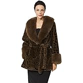 BEAUZSUZSANA Women’s Faux Fur Leopard Print Coat with Belt Winter Plush Fur Jacket with Faux Fur Collar & Cuffs Pockets
