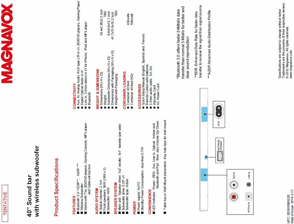 magnavox 2.1 soundbar with subwoofer