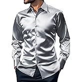 AOTORR Men's Luxury Shiny Silk Like Satin Button Up Dress Shirts Slim Fit Long Sleeve Nightclub Party Disco Prom Shirts