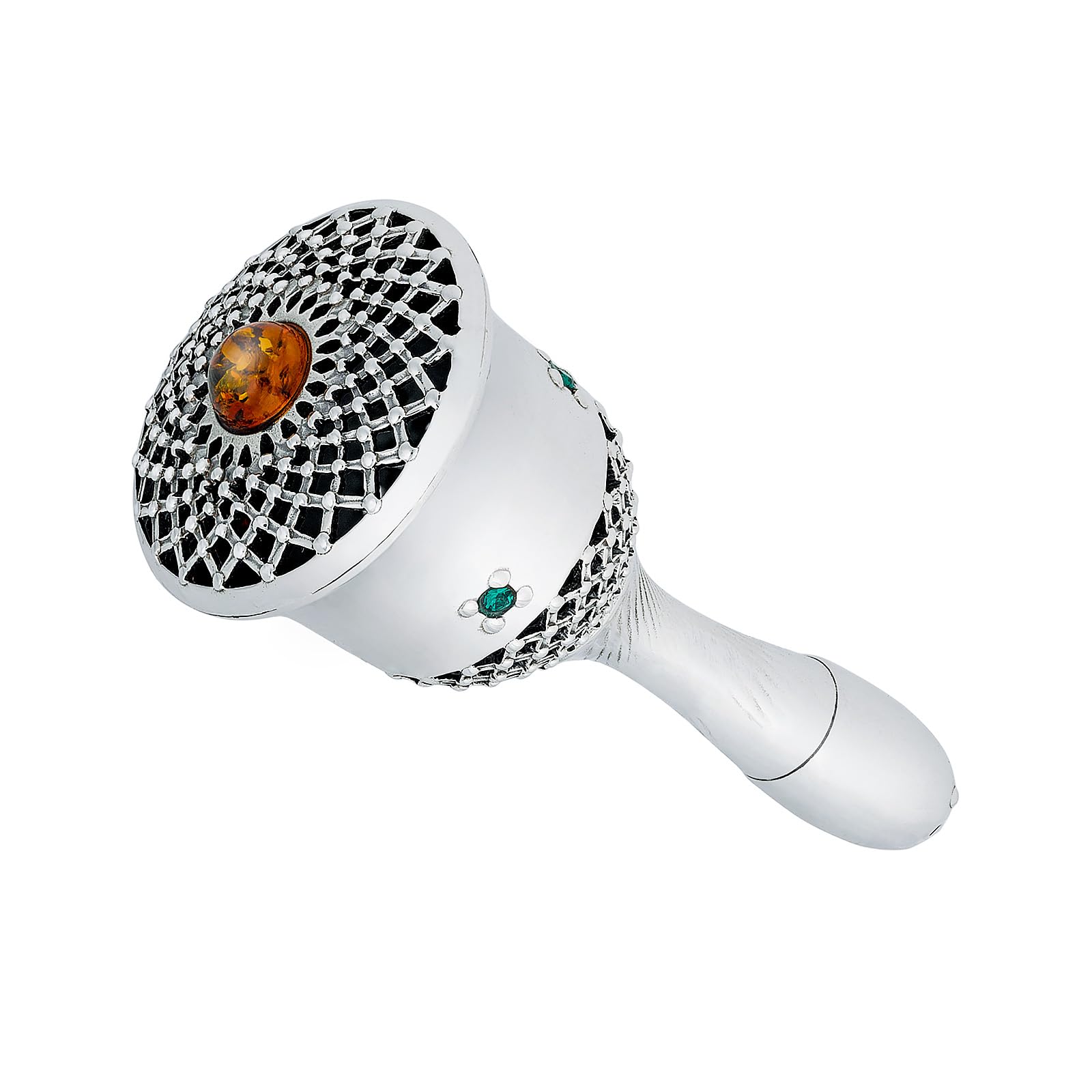 AMBEDORA Rattle for Boys or Girls, Oxidized Sterling Silver, Baltic Amber in Cognac Colour, Silver Rattle with Amber and Zircons, Silver Keepsake