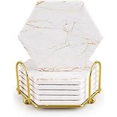 Marble Coasters for Drinks Absorbent with Cork Base, 6pcs Drink Coasters for Wooden Table with Metal Holder, Gold Ceramic Cup Coaster Set Home Decor for Housewarming