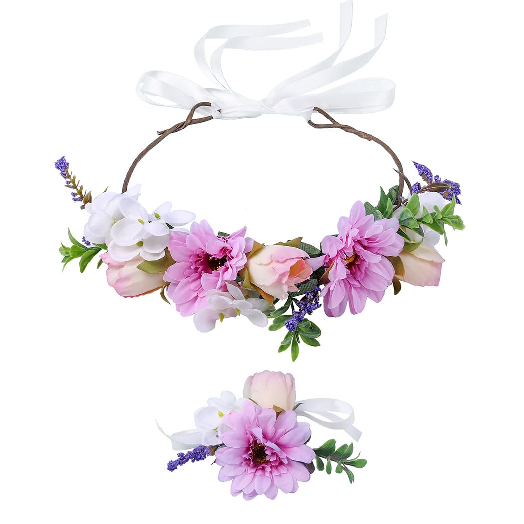 IYOU Flower Crowns Wreath Purple Daisy Floral Headband Wrist Band Wedding Party Festival Photos Headpiece for Women and Girls