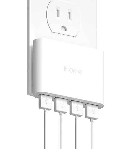 iHome Cargador de pared USB de 4 puertos (paquete de 2), 5.4A, enchufe plegable plano, cargador de viaje delgado (blanco y azul pastel iHome Cargador de pared USB de 4 puertos (paquete de 2), 5.4A, enchufe plegable plano, cargador de viaje delgado (blanco y azul pastel