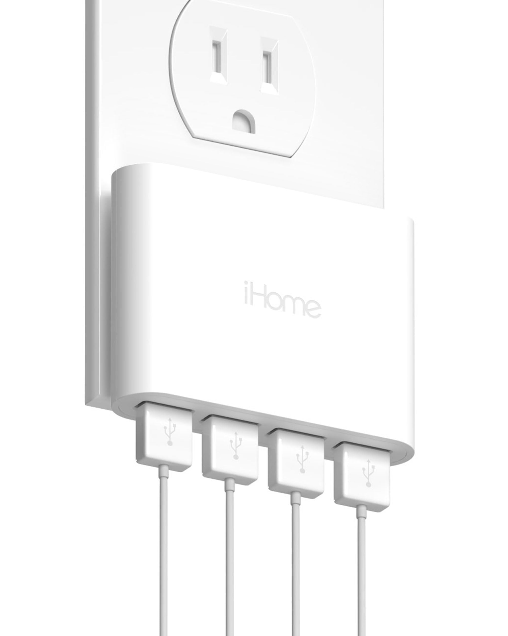 iHome Slim 4-Port USB Wall Charger, AC Pro Multiport Plug Adapter, Phone Charging Block with 4 Ports, Flat USB Wall Adapter for Home & Travel
