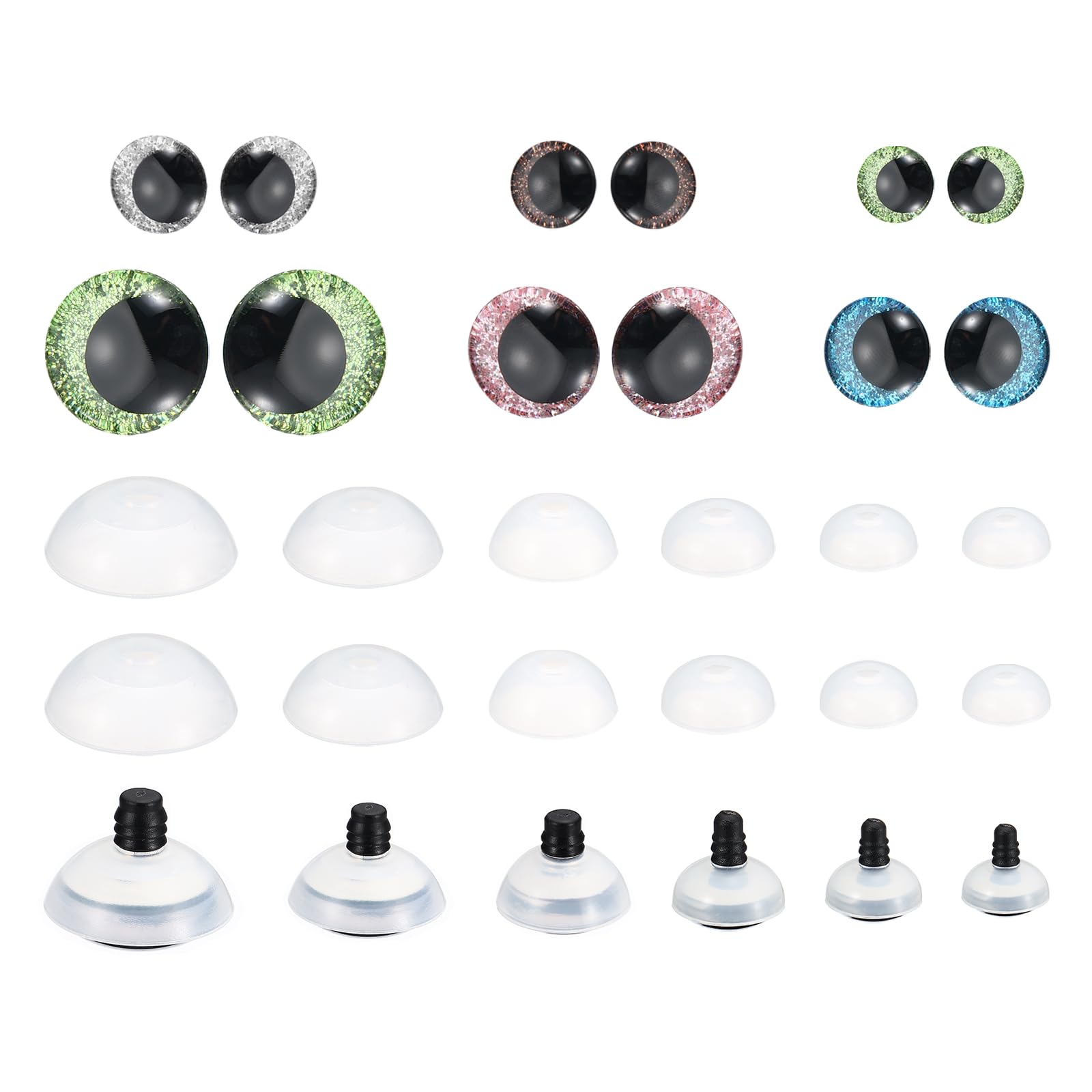 PATIKIL 14-30mm Flash Safety Eyes, 56 Pcs Doll Eyes Realistic Colorful Crocheting Safety Eyes for Decor Crochet Accessories Dolls Craft, Grass Green, Pink, Blue, Silver, Brown