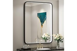 FTOTI 32X24 Inch LED Bathroom Mirror with Light, Black Metal Frame Mirror, Wall Mounted Lighted Vanity Mirrors for Wall, Anti Fog Dimmable Led Mirror for Makeup