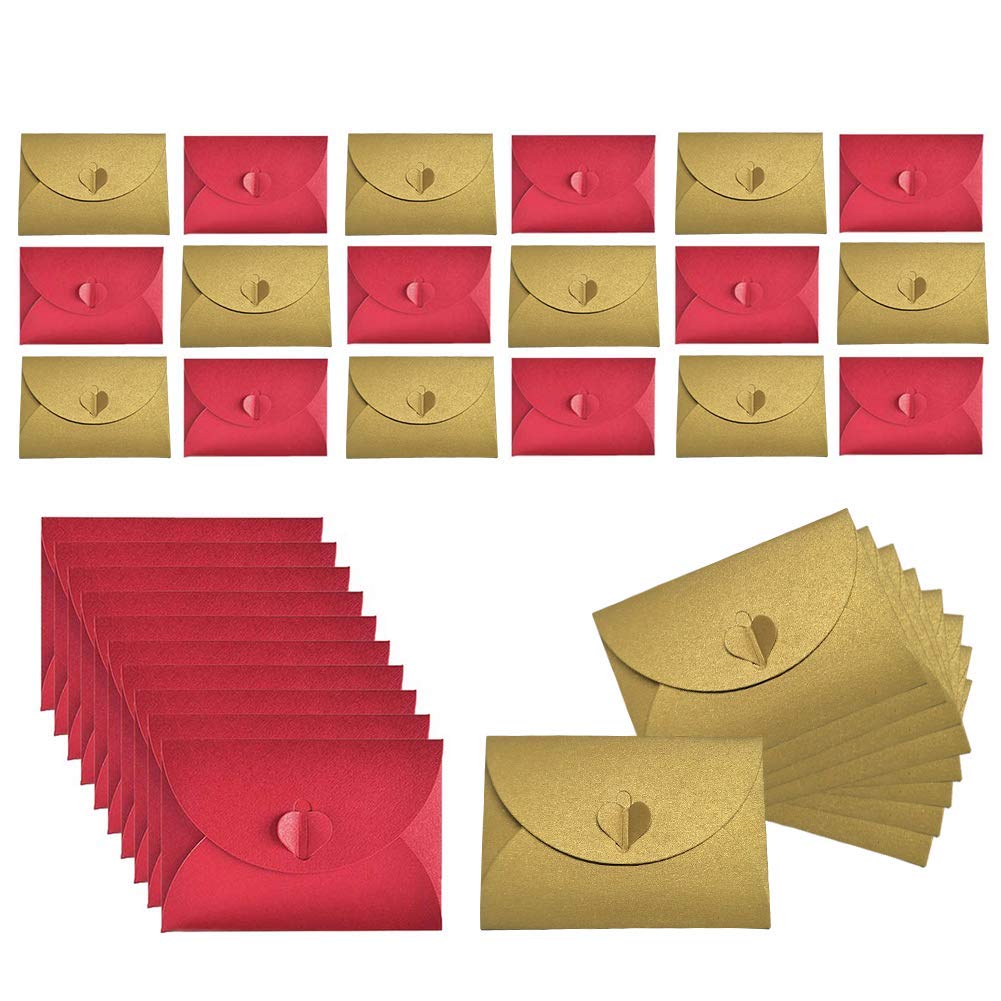 JOYISEN 50 PCS Kraft Paper Envelopes Mini Handmade Red and Gold Envelopes with Heart Clasp