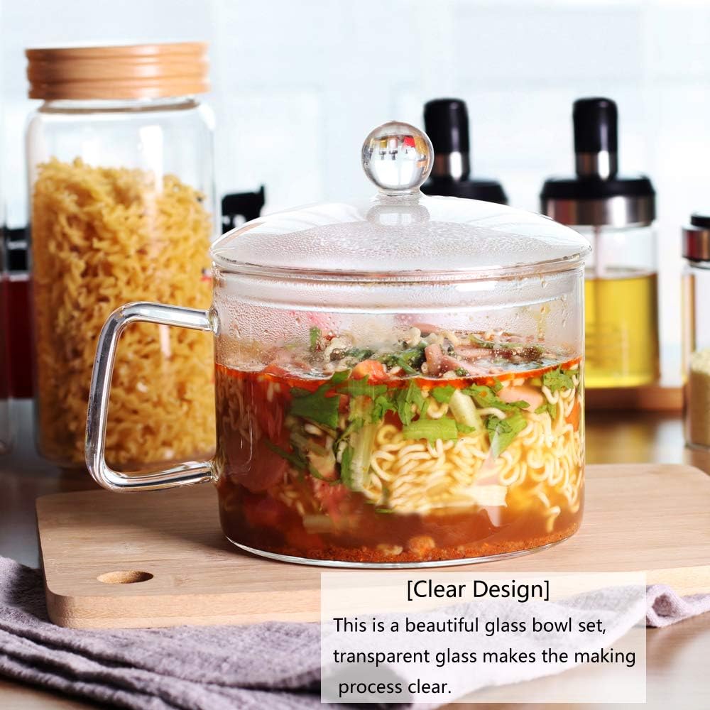  | Mini Sized Glass Pasta Noodles Bowl with Lid and Handle, 44 FL OZ/1.4L Glass Soup Bowl for Noodles, Soup, Cereals, Fruits, BPA Free, Microwave Dishwasher Oven: Soup Bowls