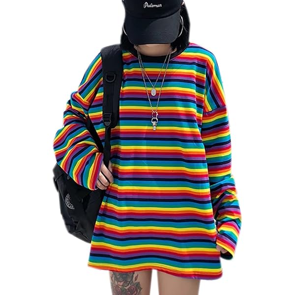 Women Girls Rainbow Striped T Shirt Oversized Long Sleeve