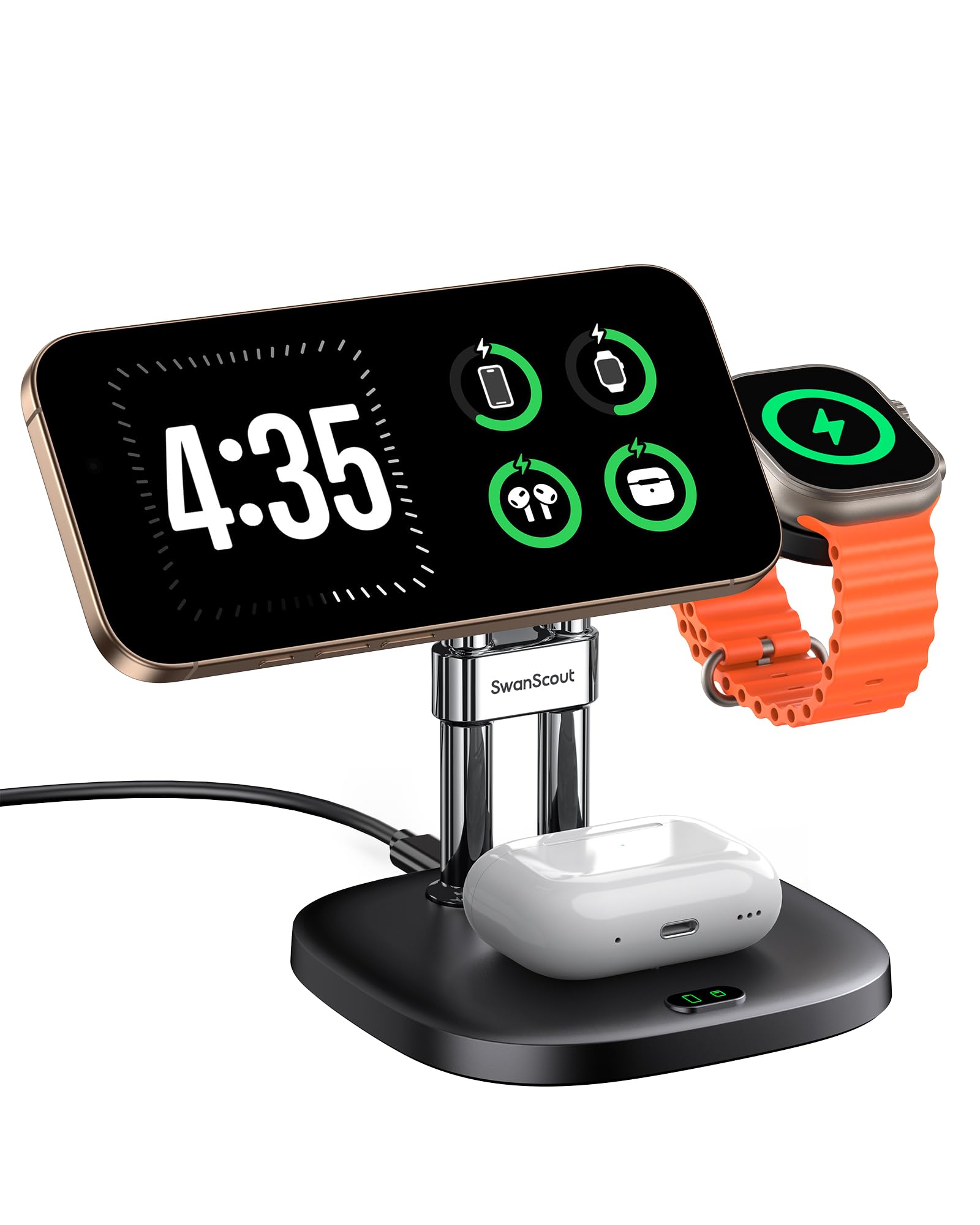 Photo 1 of 3 in 1 Wireless Charger Stand for MagSafe, SwanScout 712M, Magnetic Wireless Charging Station for Apple Devices, Charging Dock for iPhone 17/Air/16/15/14 Series, Apple Watch, AirPods (No Adapter)
