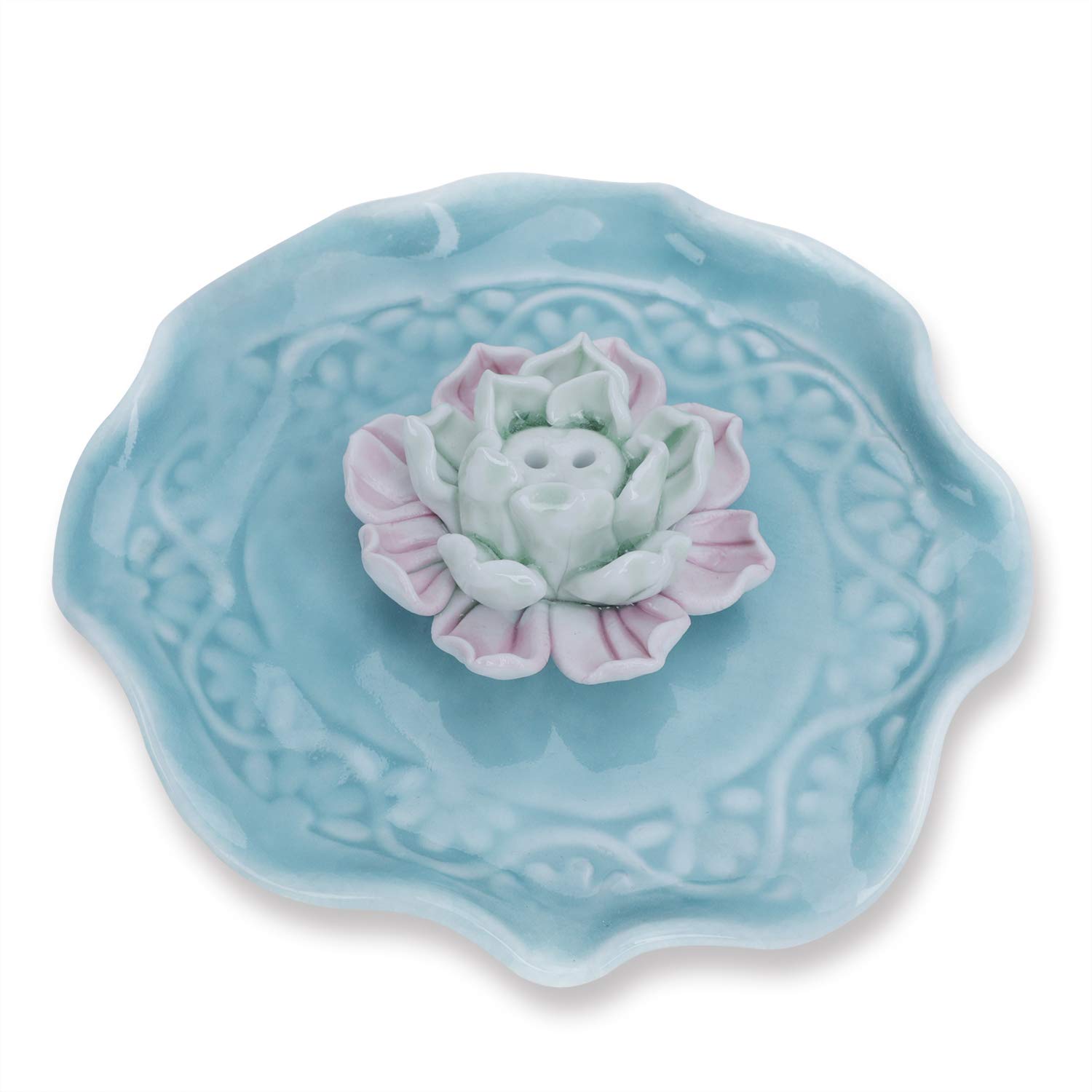 Ceramic Stick Incense Holder Handmade Artistic Incense Burner Decorative Flower Ash Catcher Buddhist Round Plate