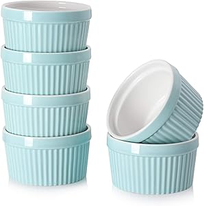 DOWAN 8 Oz Porcelain Ramekins - Souffle Dish Ramekins for Creme Brulee Pudding Oven Safe, Classic Style Ramekins Bowls for Baking, Set of 6, Blue