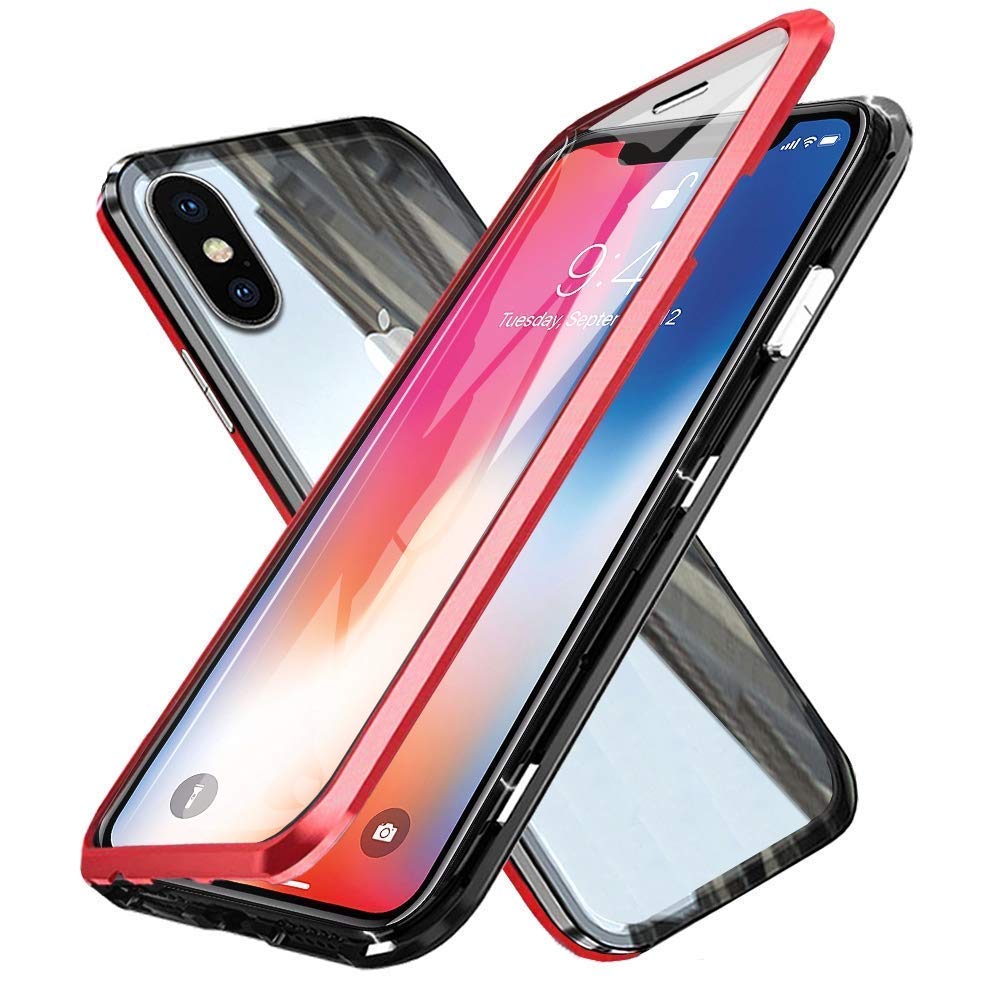 Compatible for iPhone XS Max Case Cover Magnetic Adsorption Aluminum Metal Bumper Frame Transparent 9H Tempered Glass Full Screen Front and Back Cover 360 Degrees Protection Ultra Slim Case