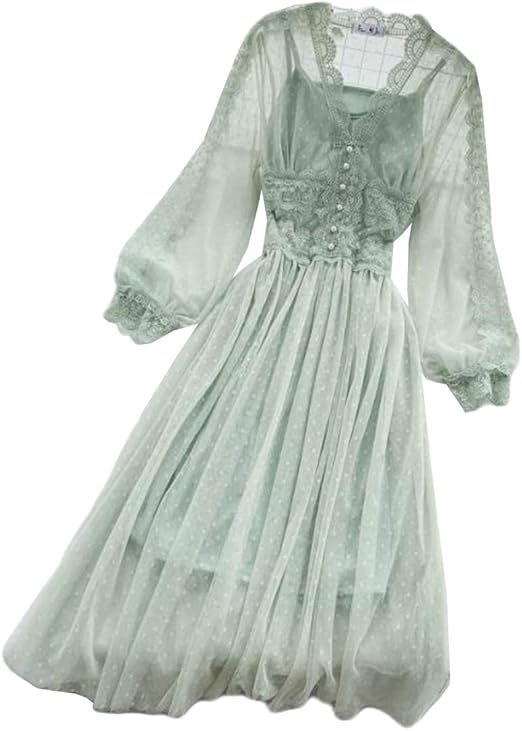 Amazon Co Jp スーイ レディースワンピース チュールワンピース 長袖 レース 水玉 刺繍 透け感 パフスリーブ シースルー Aライン マキシ丈 おしゃれ ゆったり 着痩せ エレガント やさしい 魅力 韓国風 通勤 通学 デート 服 ファッション小物