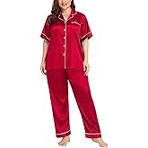 SWOMOG Women's Plus Size Pajamas Silk Satin Pajama Set Short Sleeve Shirt with Full-Length Pants Pjs Sleepwear Set 18W-26W