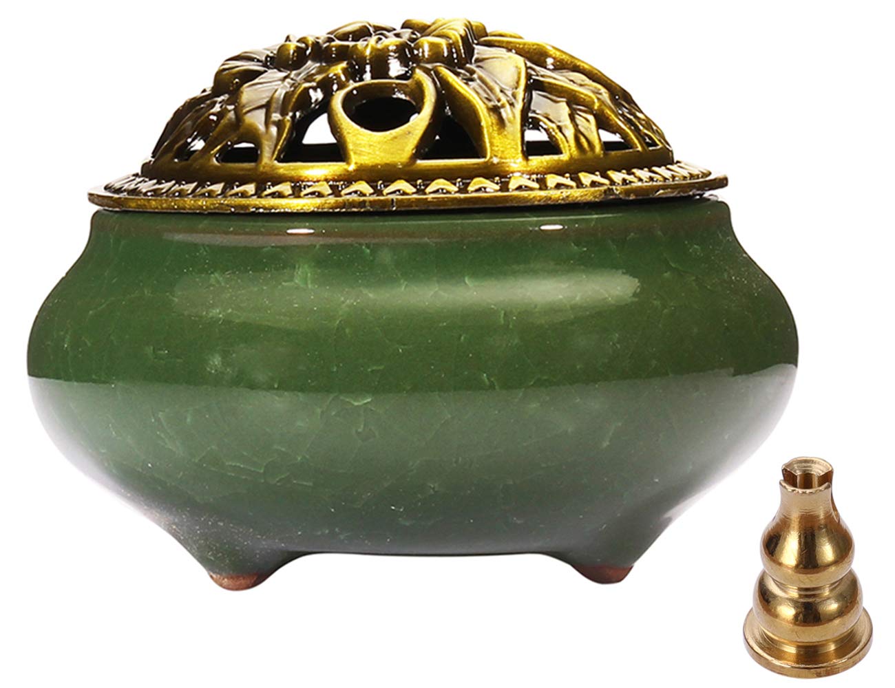 Miupoo Stick Incense Burner and Cone Incense Holder with Brass Incense Stick Holder Ceramic Ash Catcher (Dark Green)