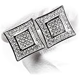 Men’s Square White Gold 925 Sterling Silver Screw Back Post Hypoallergenic Micro Pave 3D Iced 5A Cz Hip Hop Stud Earrings For Men Women Jewelry Gifts