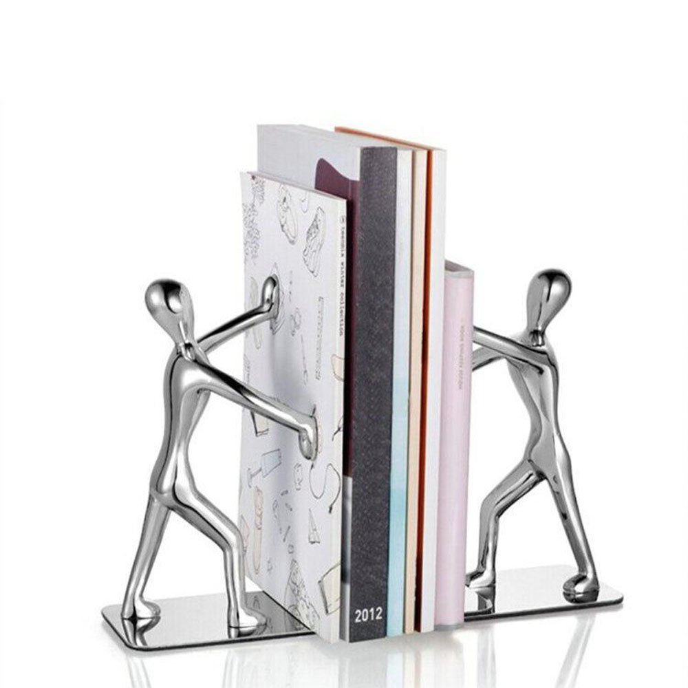 Fashion Creative Shiny Kung Fu Man Stainless Steel Metal Bookends Book End For Home Office Library School Study Decoration Gift (Silver)