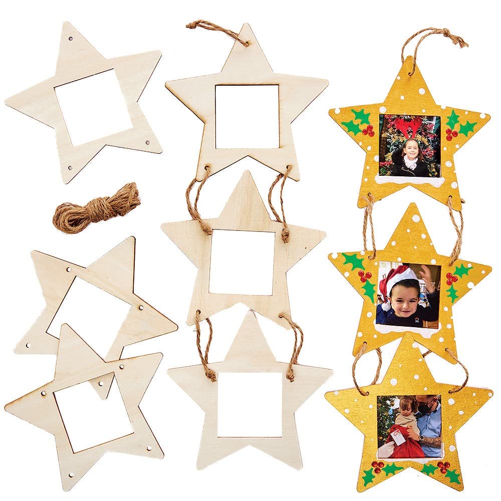 Baker Ross FX263 Trio of Stars Wooden Photo Frames - Pack of 4, Christmas Decoration Crafts for Kids, Wood Craft Kit