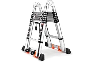 ASPERLAD Telescoping Ladder A Frame 14.4FT Multi-Purpose Extension Ladder with Durable Stabilizer Bar Aluminum Lightweight Collapsible Ladder 300lb Capacity