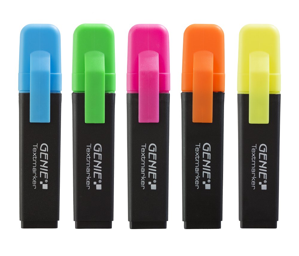 Genie Highlighters with Chisel Tip, Fluorescent Yellow 5er Pack