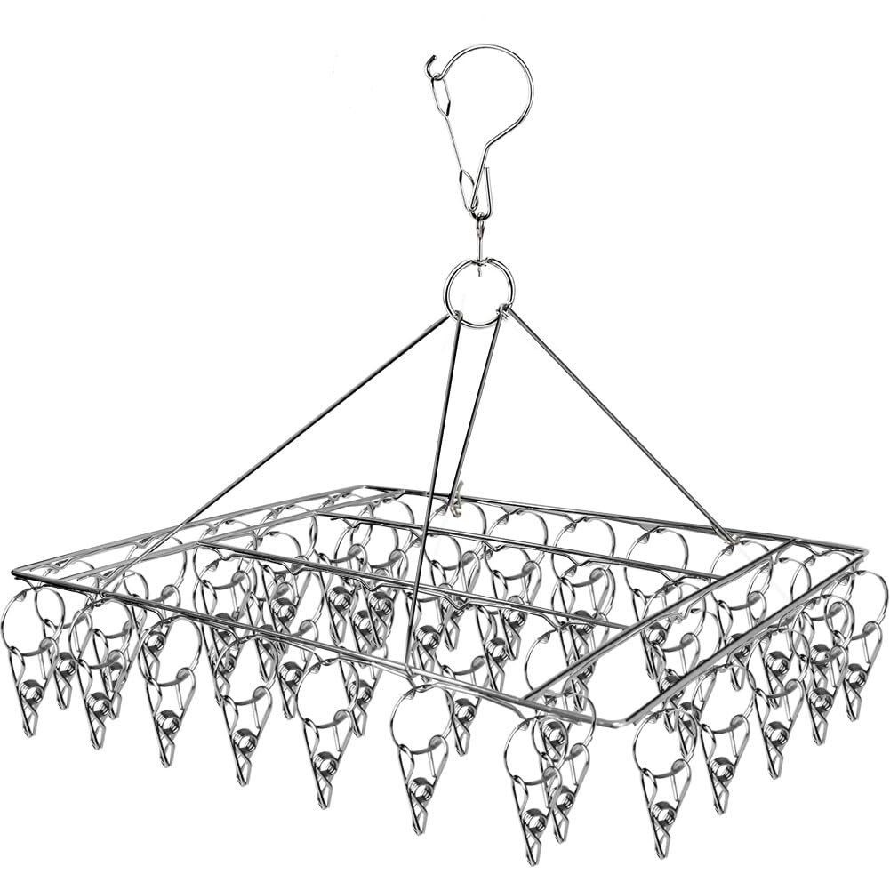 Sock Hanger for Washing Line, Sock Dryer with 40 Pegs and Swivel Hook Stainless Steel Sock Drying Rack Windproof Laundry Metal Square Hanger for Socks, Underwear, Baby Clothes, Gloves and Small Items