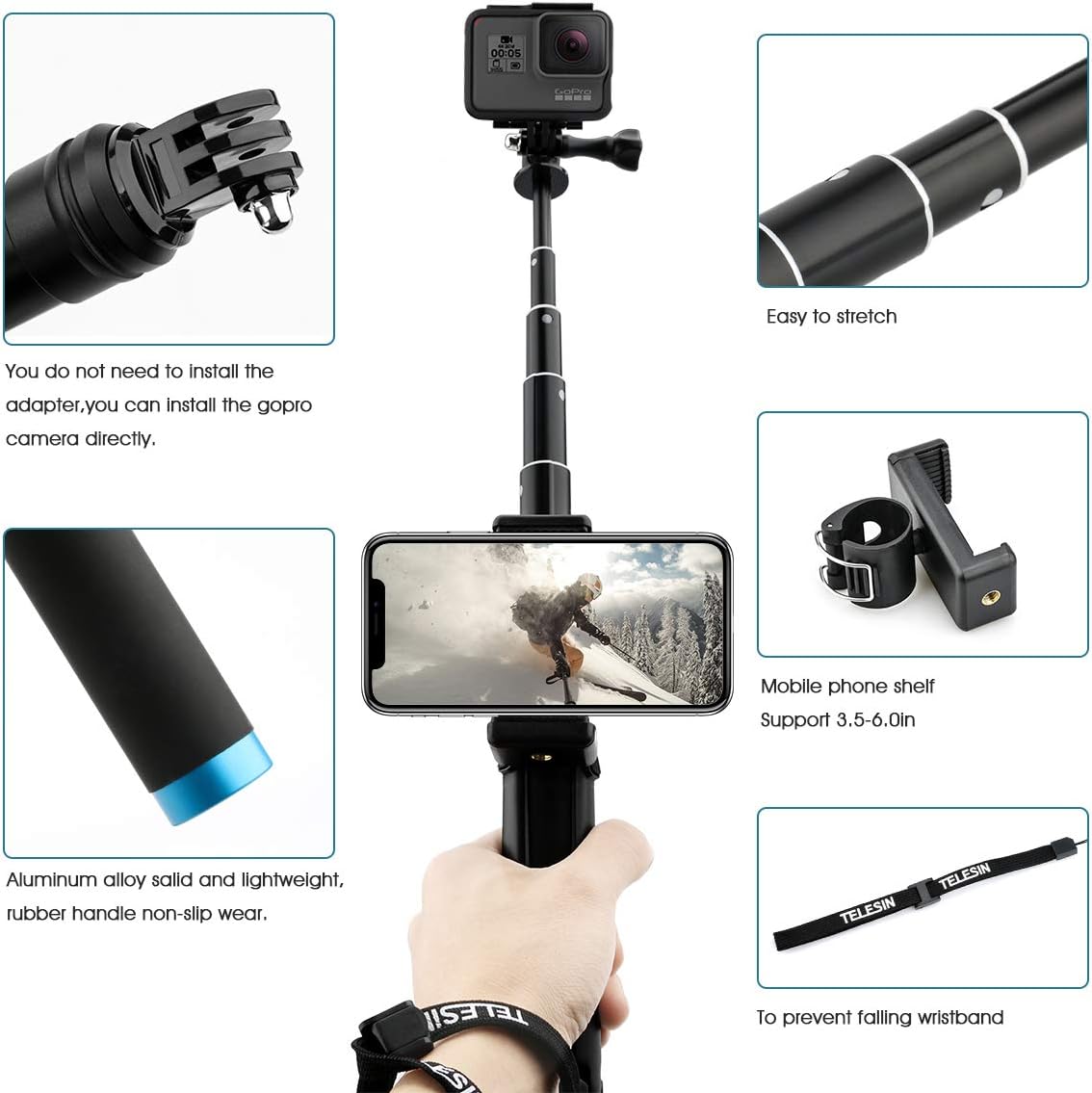 AFAITH Upgraded Pole for GoPro, Aluminum Alloy GoPro Selfie Stick with Stable Tripod Waterproof Handheld Monopod for GoPro Hero 8 Black/Hero 9 Black/7/6/5/4/ Osmo Action Camera/Xiao Yi Action Camera : Camera & Photo