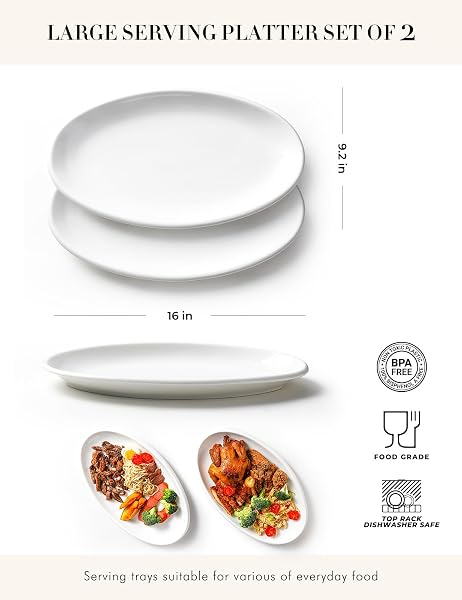 AISBUGUR 16″ LARGE SERVING PLATTERS, WHITE OVAL TURKEY PLATTERS FOR PARTY, WEDDING, ENTERTAINING, CERAMIC SERVING TRAYS AND PLATTERS FOR SERVING FOOD APPETIZERS MEAT, SET OF 2