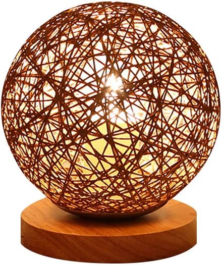 BOKT Minimalist Solid Wood Table Lamp Bedside Desk Lamp Colourful Home Decor Rattan Ball Round Lampshade (Brown)
